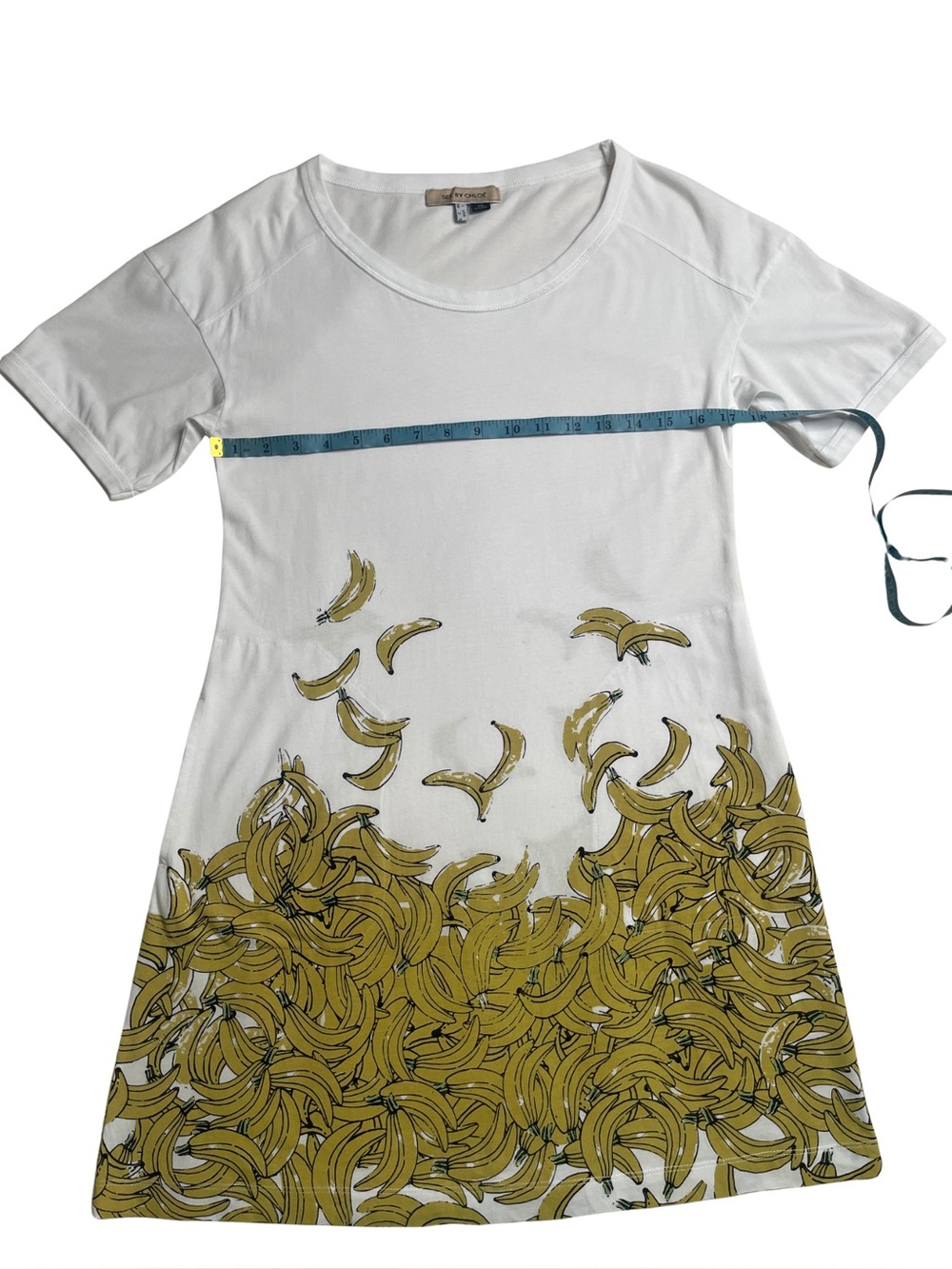See By Chloe Banana Print A-Line T-Shirt Dress Cotton Pocket Dress White Yellow - Picture 3 of 6